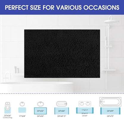 ACCUMTEK Striped Black Bathroom Rug Mat 24"x17" Ultra Soft, Non Slip Chenille Bath Rugs, Absorbent Plush Shaggy Bath Mats for Bathroom, Bedroom, Kitchen, Shower, Tub