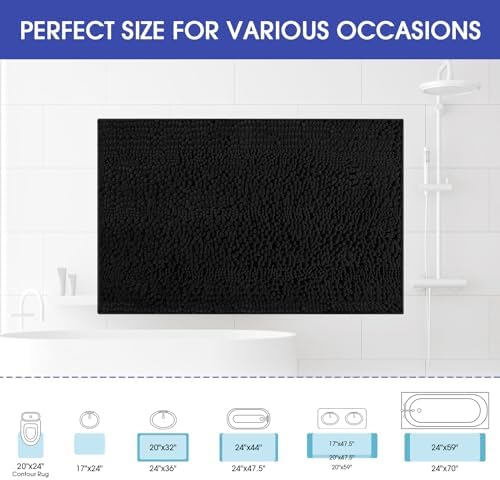 ACCUMTEK Striped Black Bathroom Rug Mat 59"x24" Ultra Soft, Non Slip Chenille Bath Rugs, Absorbent Plush Shaggy Bath Mats for Bathroom, Bedroom, Kitchen, Shower, Tub