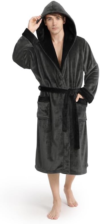 Yurhap Luxury Mens Robe with Hood, Ultra Cozy Fleece Bathrobe for Men, Plush Hooded Robe with Belt & 2 Pockets