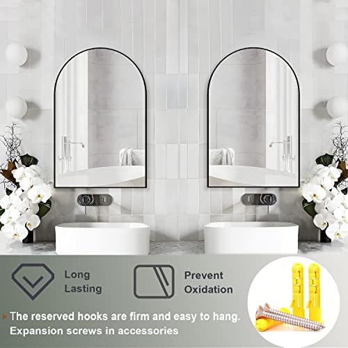 Wall Mounted Mirror, Arched Wall Mirror for Bathroom, 2 Pieces 24"x36" Arch Bathroom Mirror with Metal Frame, Black Vanity Mirror Decor for Mantle, Bedroom, Entryway, Living Room