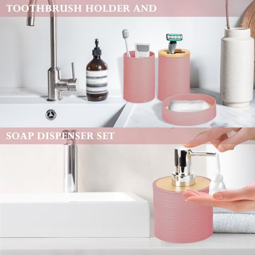 RRM 4 Piece Bamboo Bathroom Accessories Set, Boho Bathroom Decor,LightPink