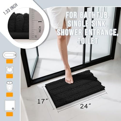 Yimobra Bathroom Rug Mat, Non Slip and Super Absorbent Bath Mat, Machine Washable Quick Dry, Ultra Plush Chenille Shower Rugs for Bathroom Floor Sink Tub and Shower Outside, Black, 24 x 17