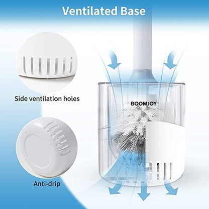BOOMJOY Toilet Bowl Brush and Holder - Durable Head Toilet Cleaner Brush with Dense Bristles & Clear Base for Bathroom Deep Cleaning - Household Cleaning Accessories - White