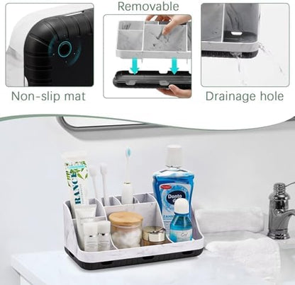 GFWARE Marble Bathroom Countertop Organizer - Detachable 7 Slots Kids Electric Toothbrush and Toothpaste Holde Drainage for Bathroom Accessories Organization Counter Vanity Storage, Black