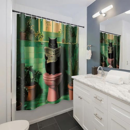 APROPHIC Funny Cat Shower Curtain, Green Shower Curtain for Bathroom, Balck Cat Reading Newspaper Print Bathroom Curtain Decor Waterproof Fabric with 12 Hooks, 72x72 Inch