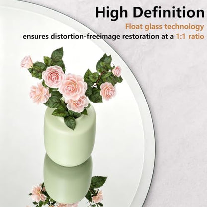 32 Inch Frameless Round Bathroom Mirror, Beveled Edge Wall Mirror, Modern Elegant Vanity Mirror for Bathroom Living Room Entryway