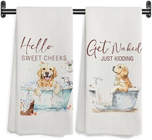 Funny Golden Retriever Hand Towels, Hello Sweet Cheeks Bathroom Decor, Golden Retriever Gifts Decorative Hand Towels for Bathroom Washroom Restroom, 16x24 Inch Set of 2