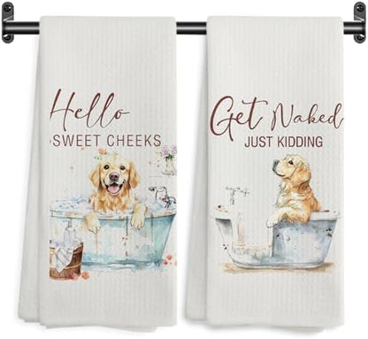 Funny Golden Retriever Hand Towels, Hello Sweet Cheeks Bathroom Decor, Golden Retriever Gifts Decorative Hand Towels for Bathroom Washroom Restroom, 16x24 Inch Set of 2