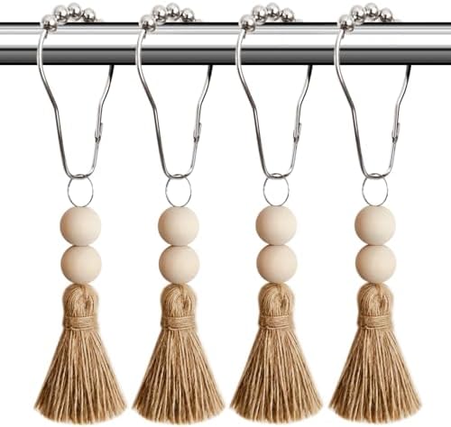 Boho Shower Curtain Hooks Rings Rustproof, CHICTIE Nautical Decorative Shower Curtain Rings with Handmade Wood Beads Tassel, Farmhouse Home Bathroom Bedroom Baby Room Decor Set of 12 (Natural Jute)