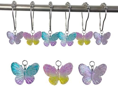 Butterfly Shower Curtain Hooks Rings,12Pcs Colorful Resin Pendants Accessories, Rustproof Rings Insect Garden Nature Theme Home Bathroom Decoration (Purple Pink Blue Pink Yellow)