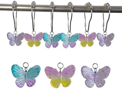 Butterfly Shower Curtain Hooks Rings,12Pcs Colorful Resin Pendants Accessories, Rustproof Rings Insect Garden Nature Theme Home Bathroom Decoration (Purple Pink Blue Pink Yellow)