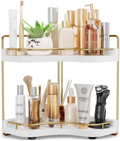2-Tier Corner Bathroom Counter Organizer, Larger, White Gold