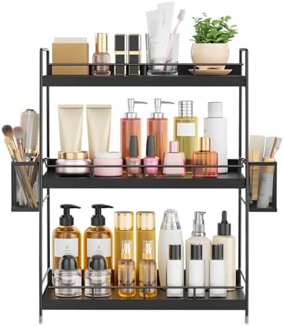 3 Tier Bathroom Counter Organizer with Side Baskets, Wooden Vanity Shelf
