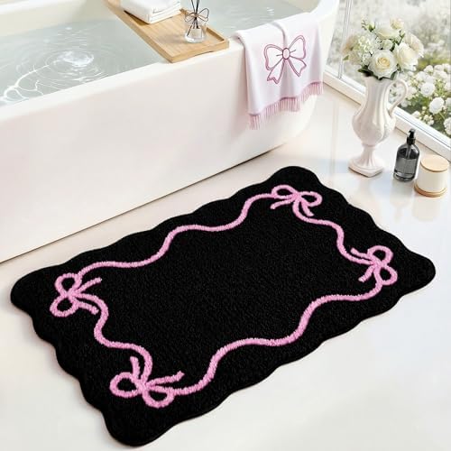 Mocsicka Pink Bow Bath Mat Cute Bow Bathroom Rug Super Soft Absorbent Black Pink Bathroom Rugs Non Slip Bath Mat Machine Washable Rug for Bathrooms 20x32 inches