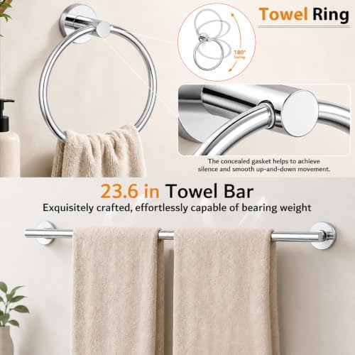 5 Pieces Bathroom Hardware Accessories Set Polished Chrome, 24Inch RoundTowel Racks Set for Bathroom, SUS304 Stainless Steel Towel Bar Set, Toilet Paper Holder with Shelf Wall Mounted