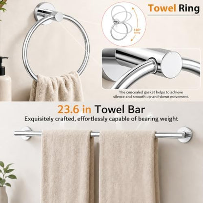 5 Pieces Bathroom Hardware Accessories Set Polished Chrome, 24Inch RoundTowel Racks Set for Bathroom, SUS304 Stainless Steel Towel Bar Set, Toilet Paper Holder with Shelf Wall Mounted