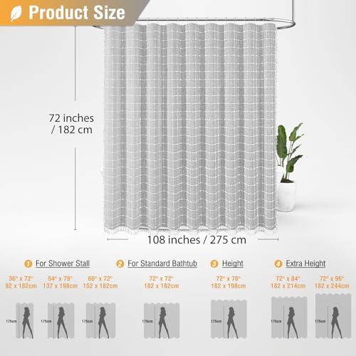 BTTN 108x72 Boho Farmhouse Linen Heavy Duty Shower Curtain Set, Gray/Grey