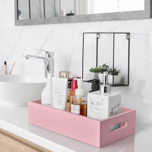 ALELION Pink Bathroom Basket for Organizing - Wooden Toilet Tank Paper Basket with Handle for Back of Toilet Tank Top Organizer - Pink Kitchen Bathroom Decor Accessories