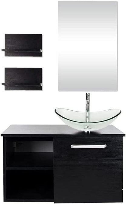 YOURLITE 28" Wall Mounted Bathroom Vanity Modern Lavatory Wood Cabinet with Mirror Clear Boat Tempered Glass Sink Combo Vanities Set