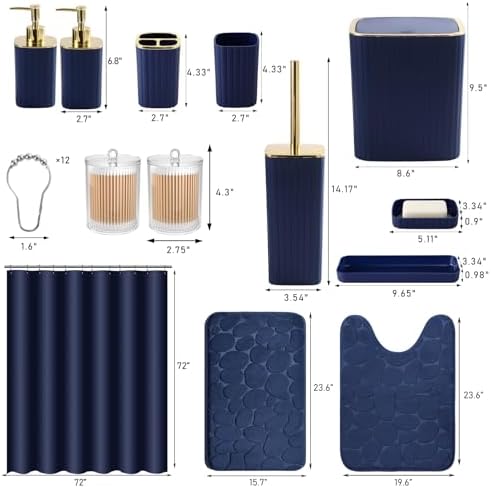 XLHOMO Bathroom Set with Shower Curtain and Rugs- 25PC Blue Bathroom Accessory Set, Navy Blue Shower Curtain Set, Toilet Brush, Trash Can, Qtip Holder & Soap Dispenser