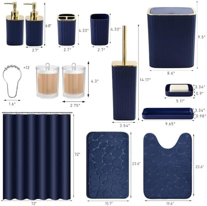 XLHOMO Bathroom Set with Shower Curtain and Rugs- 25PC Blue Bathroom Accessory Set, Navy Blue Shower Curtain Set, Toilet Brush, Trash Can, Qtip Holder & Soap Dispenser