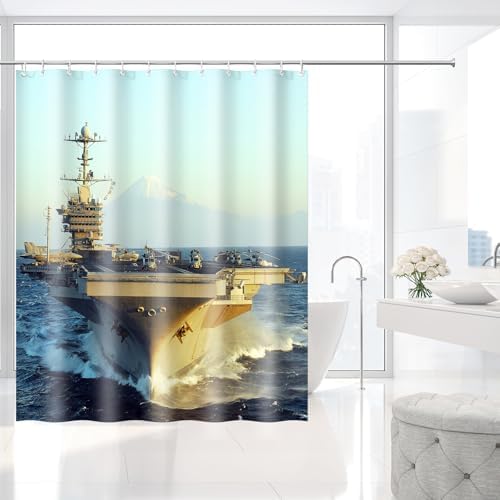 US Navy Aircraft Carrier Military Shower Curtain with Hooks 72 x 72 Inches