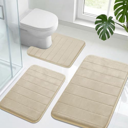 Neween Bathroom Rugs Set 3 Piece, Absorbent Memory Foam Bath Mat, Beige