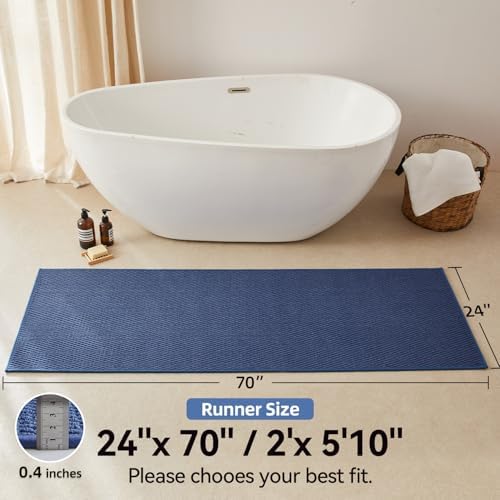 Triohero Bathroom Runner Rugs, Long Bath Mat Runner Washable Thin Quick Dry Low Pile Bathroom Runner Rugs Non Slip, Denim Blue 24"x70"