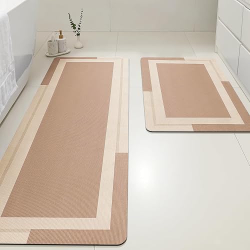 ACCUMTEK Non Slip Bath Mat, Thin Bathroom Rugs Fit Under Door, Quick Dry Bath Mats, Machine Washable Bath Rugs for Bathroom, Bathtub & Kitchen, Light Brown/Bordered/24 x17+48"x20"