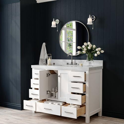 ARIEL Cambridge 48-inch Bathroom Vanity with Sink,Solid Wood, 2-inch Italian Carrara Marble Countertop, Single Rectangular Porcelain Sink, 2 Soft Closing Doors, 9 Dovetail Drawers, White