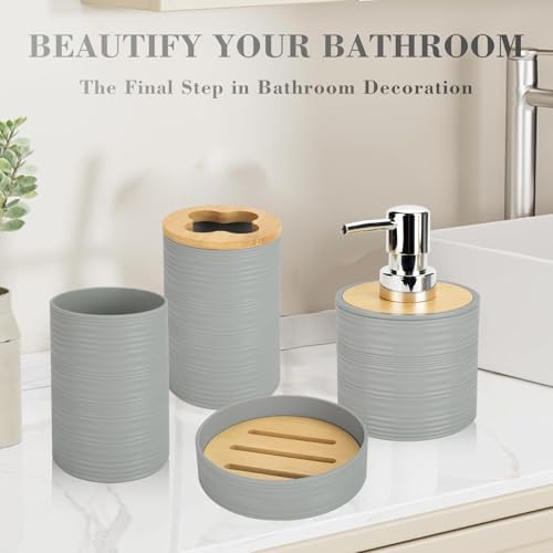 4PCS Grey Bathroom Set, Soap Dispenser, Dish & Bamboo Holder, Rustic