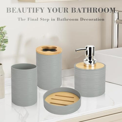 4PCS Grey Bathroom Set, Soap Dispenser, Dish & Bamboo Holder, Rustic