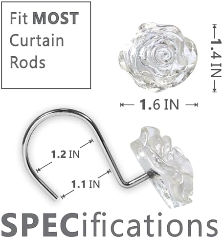 Clear Rose Shower Curtain Hooks: Cute Flower Bathroom Curtain Rings, 12Pcs