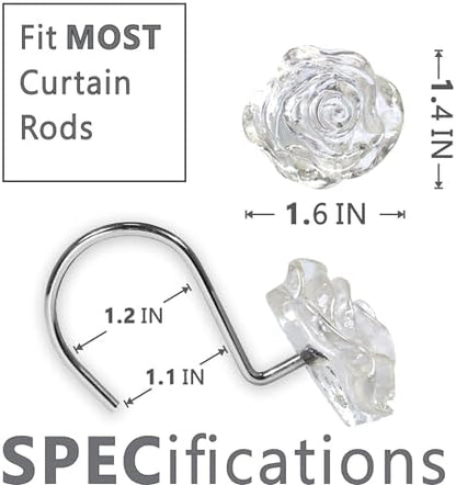 Clear Rose Shower Curtain Hooks: Cute Flower Bathroom Curtain Rings, 12Pcs