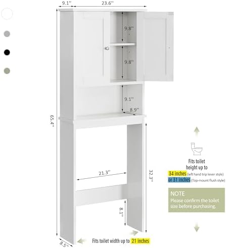 Over the Toilet Storage Cabinet, Bathroom Storage Cabinet White Organizer Over Toilet, Bathroom Space Saver with Adjustable Shelf, White