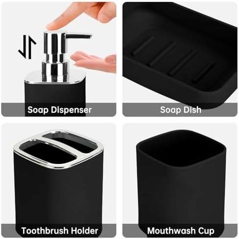 RRM Bathroom Accessories Set 4 Piece, Black Boho Bathroom Decor