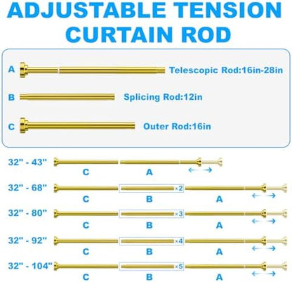 TEECK Shower Curtain Rod, 32-43 inch Adjustable Spring Tension Curtain Rod, Never Rust Anti-Slip Shower Curtain Rod for Bathroom, No Drilling, Never Collapse, Easy to Use, Gold