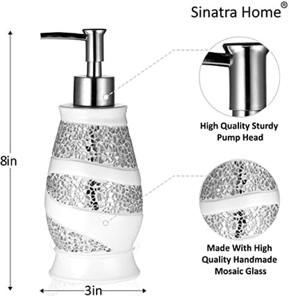 Zahari Home 4pc Sinatra Stylish Bathroom Accessories Set White Soap Dispenser, Tumbler, Tooth Brush Holder and Soap Dish Modern Classic Luxury Decor Bling Mosaic Glass White Bathroom Accessories