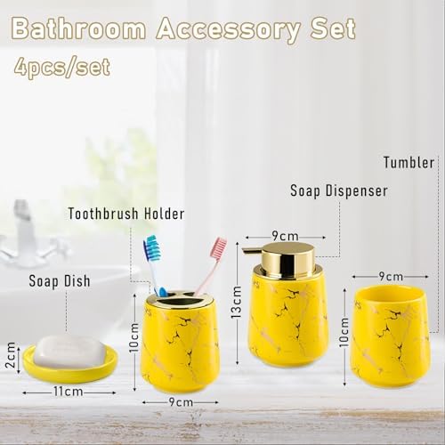 YYW Ceramic Bathroom Accessory Set, Marble Soap Dispenser Washing Set- Hand Lotion Dispenser Pump, Toothbrush Holder,Tumblers, Soap Dish-Refillable Liquid Dispenser (Yellow Four Piece)