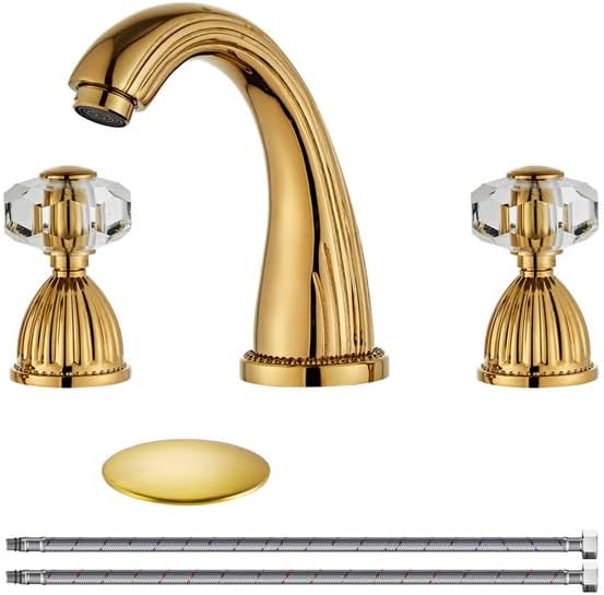 Wovier Shiny Polished Gold Widespread Bathroom Sink Faucet,Two Handle Three Hole Brass Lavatory Vanity Faucet,8-16 Inch Basin Mixer Tap
