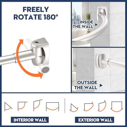 Brushed Nickel Curved Shower Curtain Rod 33-78 Inches Adjustable Splicing Design Shower Rods Curved Round Bowed Rust proof, Need To Drill Shower Curtain Rod for Bathroom, Bathtub, Stall
