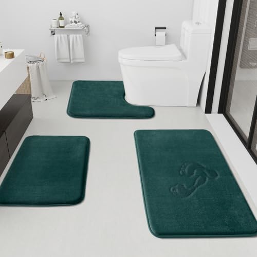 HUXMEYSON Bathroom Rugs Sets 3 Piece, Non-Slip & Quick Dry Bath Mat Set, Ultra Soft Velvet Bath Rugs for Bathroom, Toilet and Shower Floor, Peacock Blue