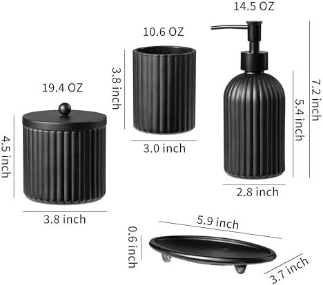4PCs Heavy Weight Decent Glass Bathroom Accessories Set with Decorative Pressed Pattern - Includes Hand Soap Dispenser & Tumbler & Soap Dish & Toothbrush Holder (Black)