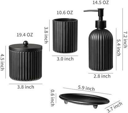 4PCs Heavy Weight Decent Glass Bathroom Accessories Set with Decorative Pressed Pattern - Includes Hand Soap Dispenser & Tumbler & Soap Dish & Toothbrush Holder (Black)
