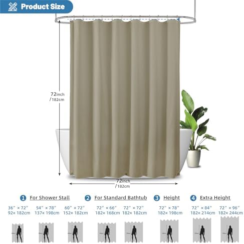1 Pack Water-Repellent Fabric Shower Curtain Liner, 72x72 Khaki
