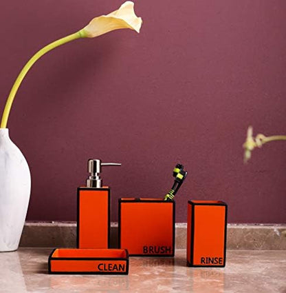 Hymmah Bathroom Accessories Set,Toothbrush Holder,Farmhouse Bathroom Decor,4 Pcs Resin Gift Set Apartment Necessities, Contain Toothbrush Cup,Soap Dispenser,Soap Dish,Tumbler Orange