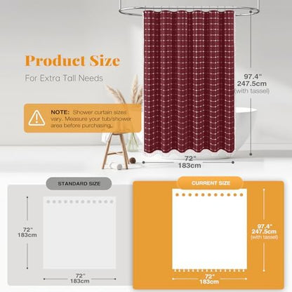 BTTN Extra Long Boho Farmhouse Linen Shower Curtain Set, 72x96, Burgundy