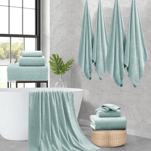Ycosy 8-Piece Bath Towels Set,2 Oversized Bath Sheet,2 Hand Towels and 4 Washcloths - 600 GSM Soft Microfiber Highly Absorbent Quick Dry Shower Towel Collection for Bathroom Hotel and Spa,Mint Green