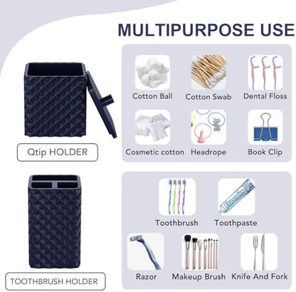 Bathroom Accessories Set Resin 6PCS, Square Toothbrush Holders Set Complete with Soap Dispenser, Vanity Tray, Tumbler, Cups and Cotton Swab Jars (Navy Diamond, Resin Bath 6 PCS)
