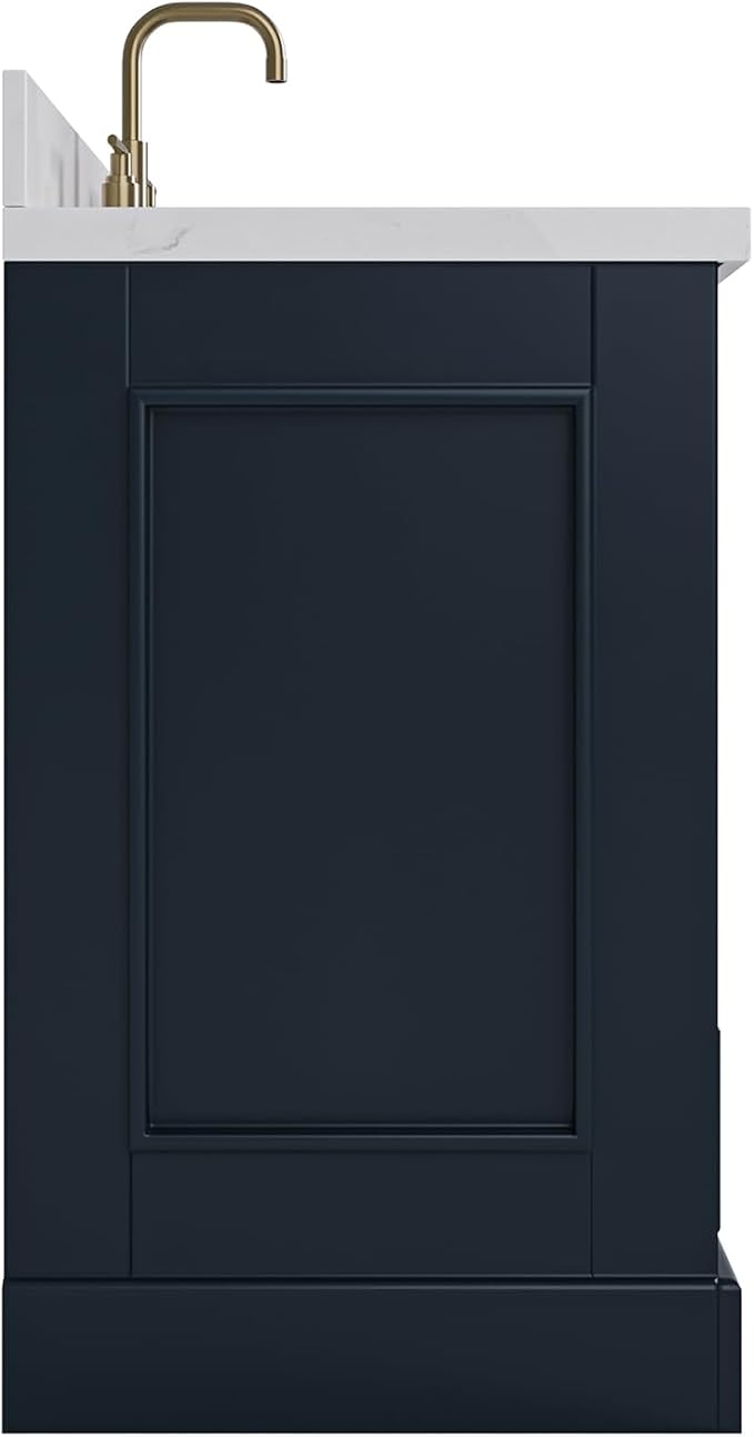 Langford 48-inch Midnight Blue Bathroom Vanity with Center Rectangle Single Sink, Carrara White Quartz Countertop & Backsplash, Solid Wood Frame, Soft-Closing & Dovetail Drawers